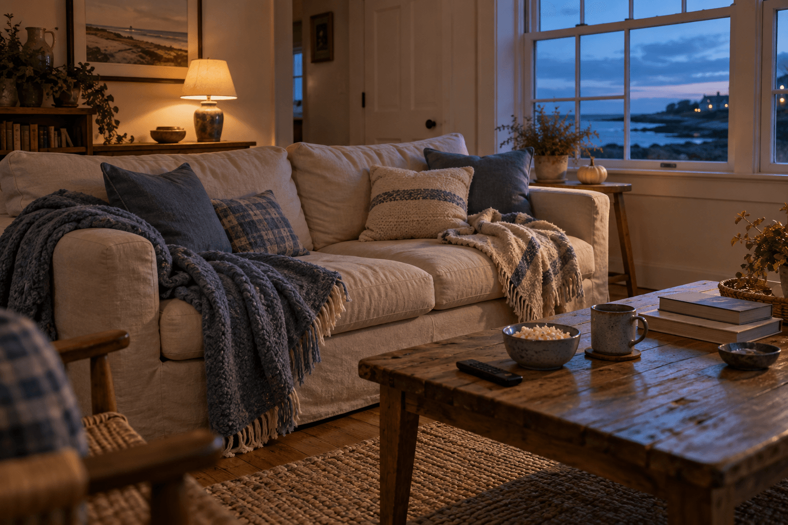 An empty linen sofa with blankets faces a wooden coffee table with a remote, beside warm lamplight and a blue dusk window.
