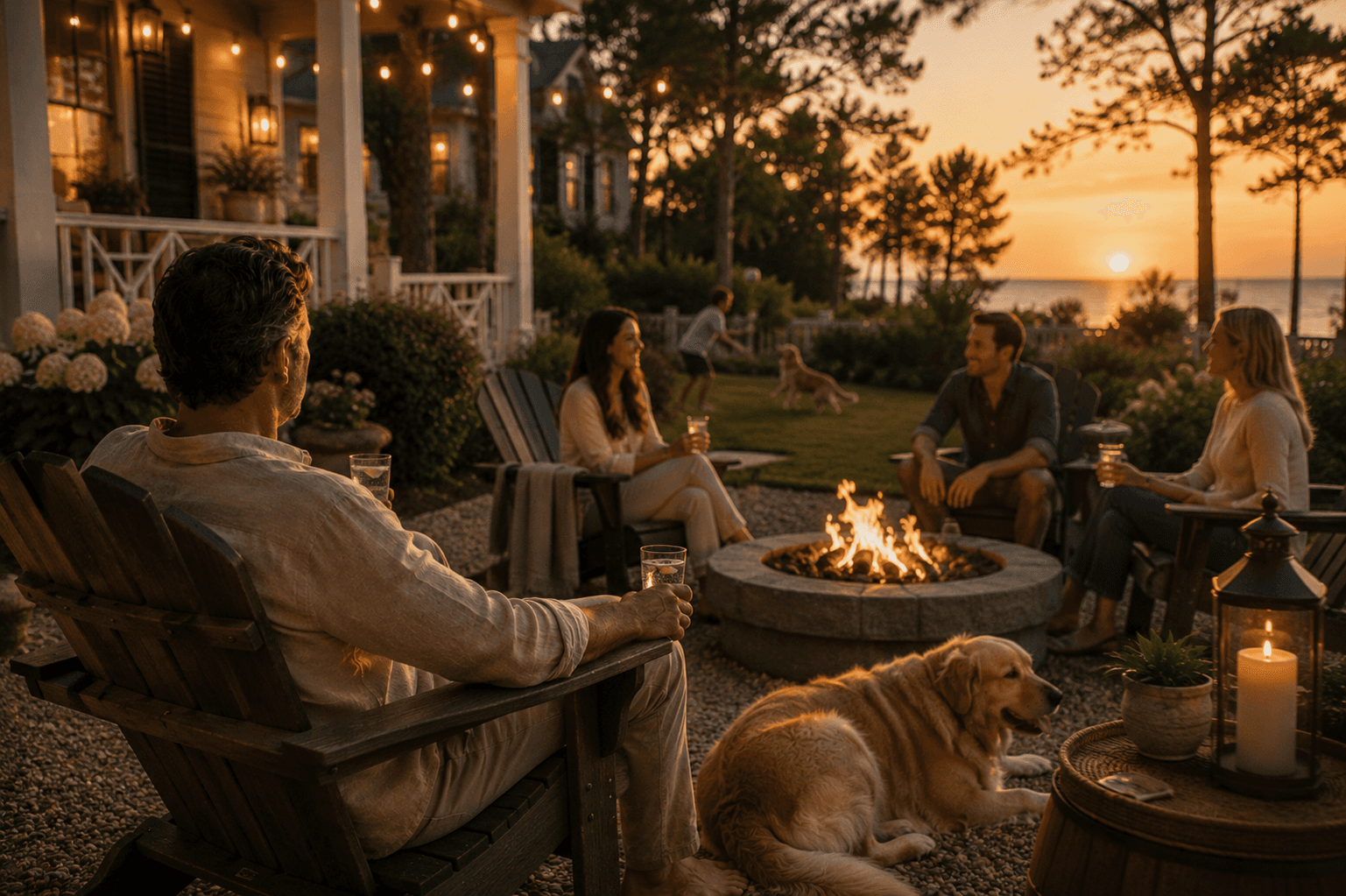 Friends enjoying a peaceful summer evening around a fire outside a coastal home with a golden retriever nearby.
