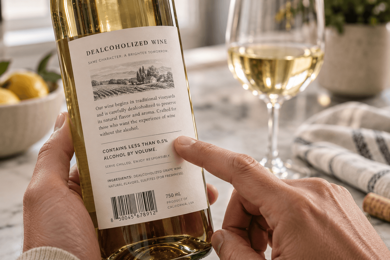 A close-up of a dealcoholized wine bottle label stating that it contains less than 0.5% alcohol by volume.