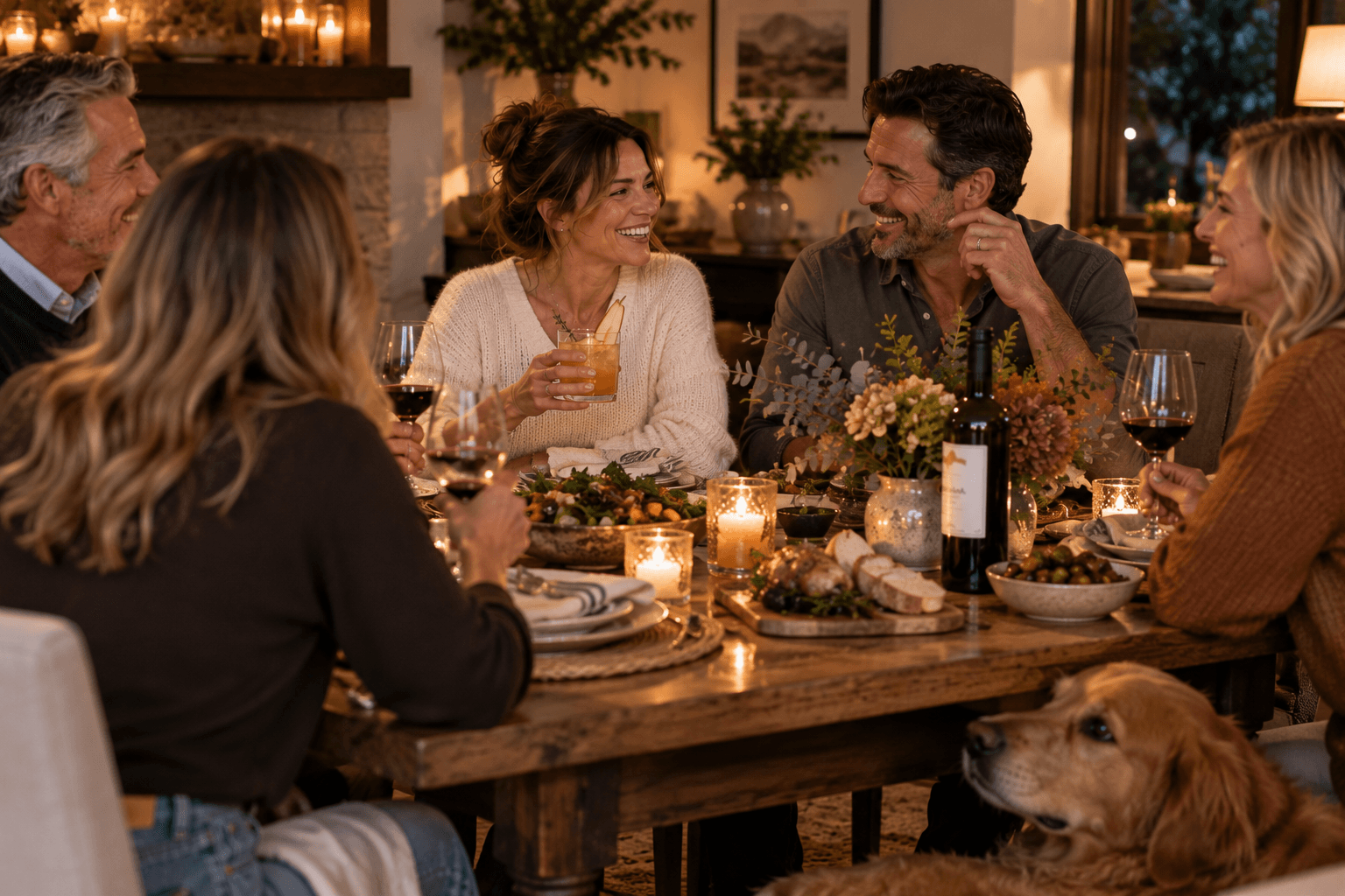 Friends laughing together over an early-fall dinner with wine and alcohol-free drinks naturally sharing the table and a Golden Retriever nearby.