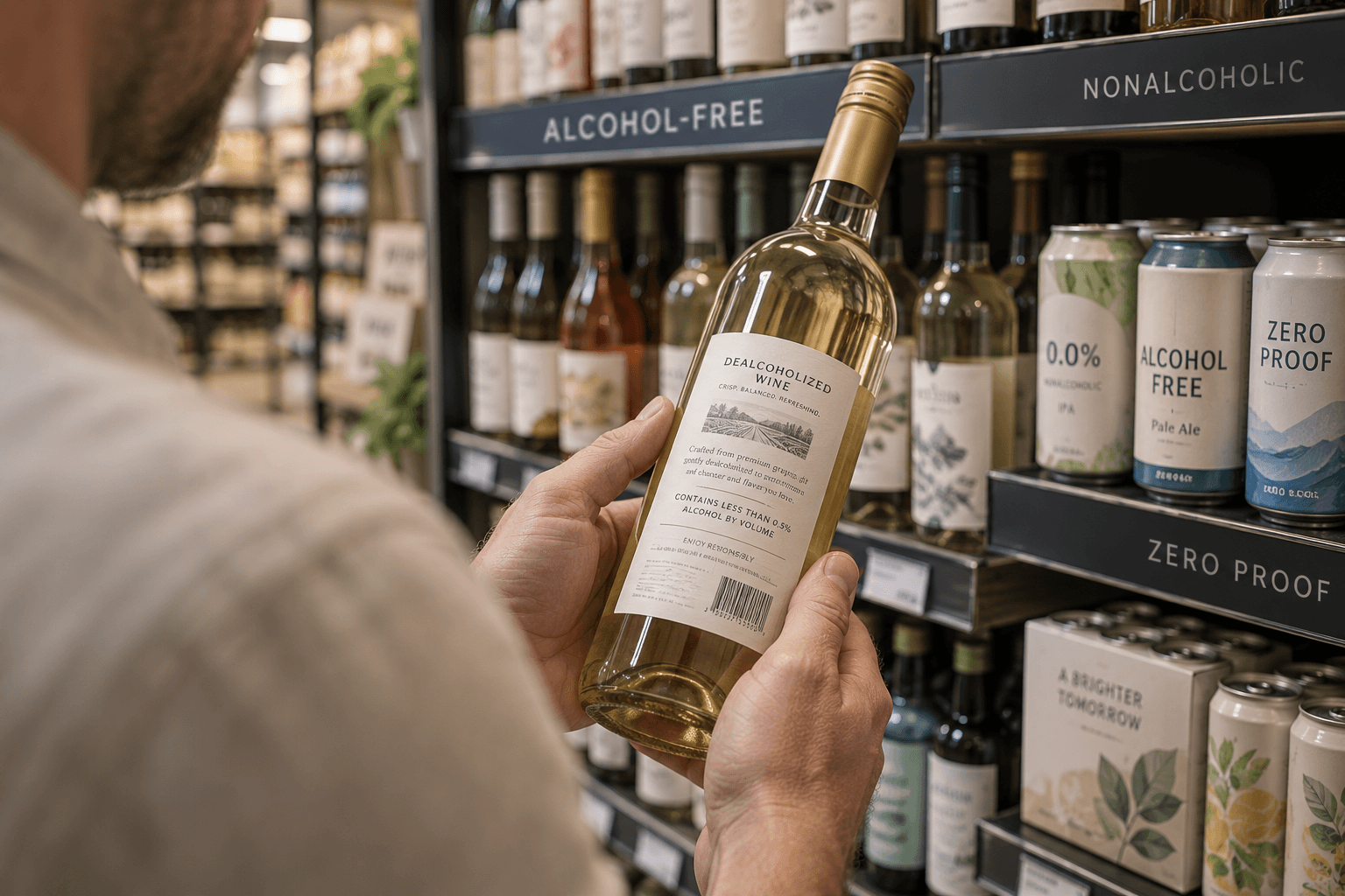 A shopper reading the alcohol-content label on a bottle of dealcoholized wine in a grocery beverage aisle.