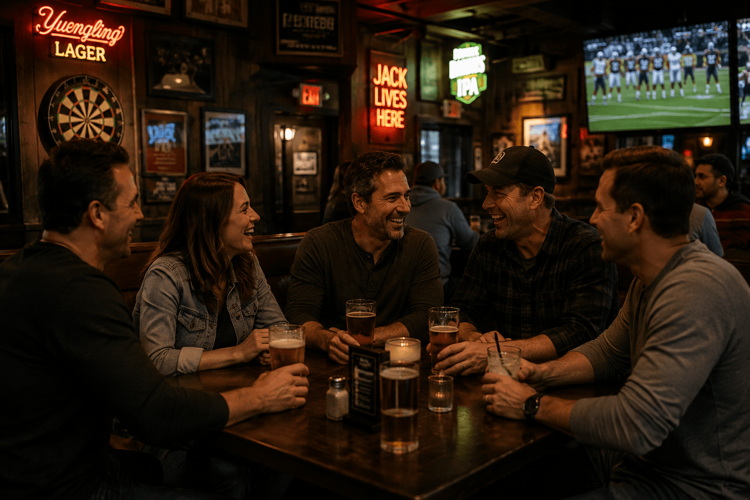 Friends laughing together around a wooden table in an old neighborhood pub while drinking beer and watching football.