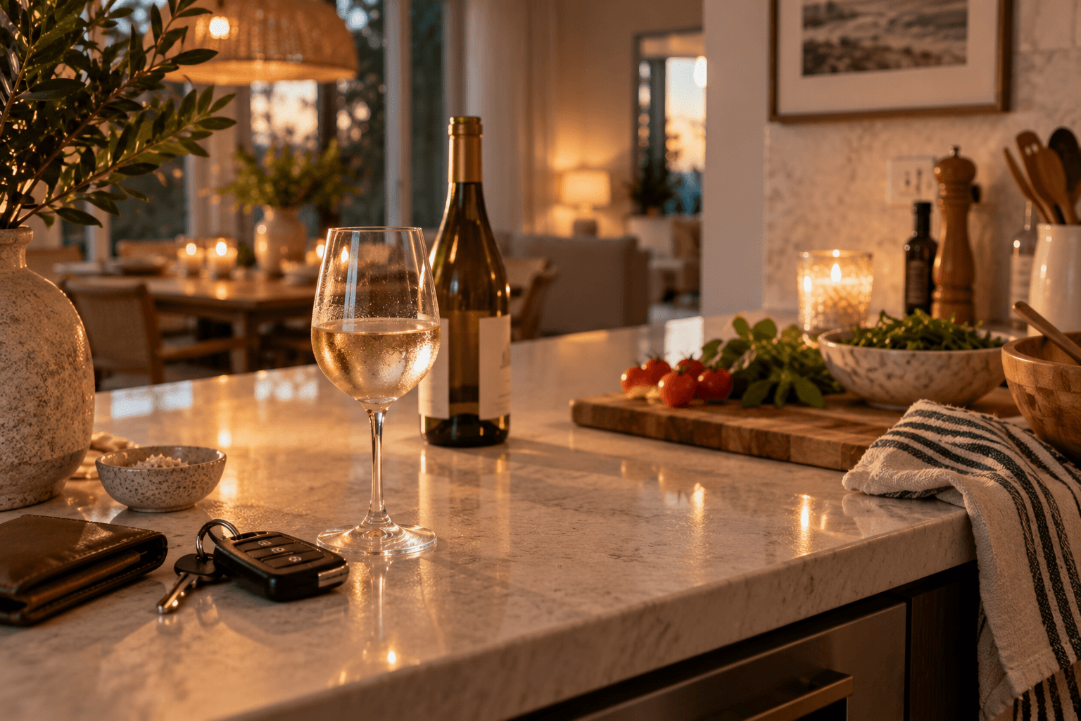An ordinary evening kitchen counter with a glass of wine, keys, wallet and dinner ingredients in warm light.