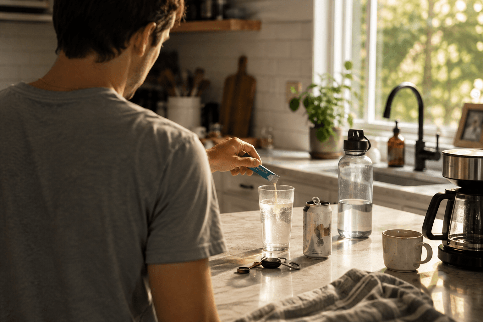 A man seen from behind mixing an electrolyte packet into water in a sunlit kitchen beside an opened canned drink and morning coffee.