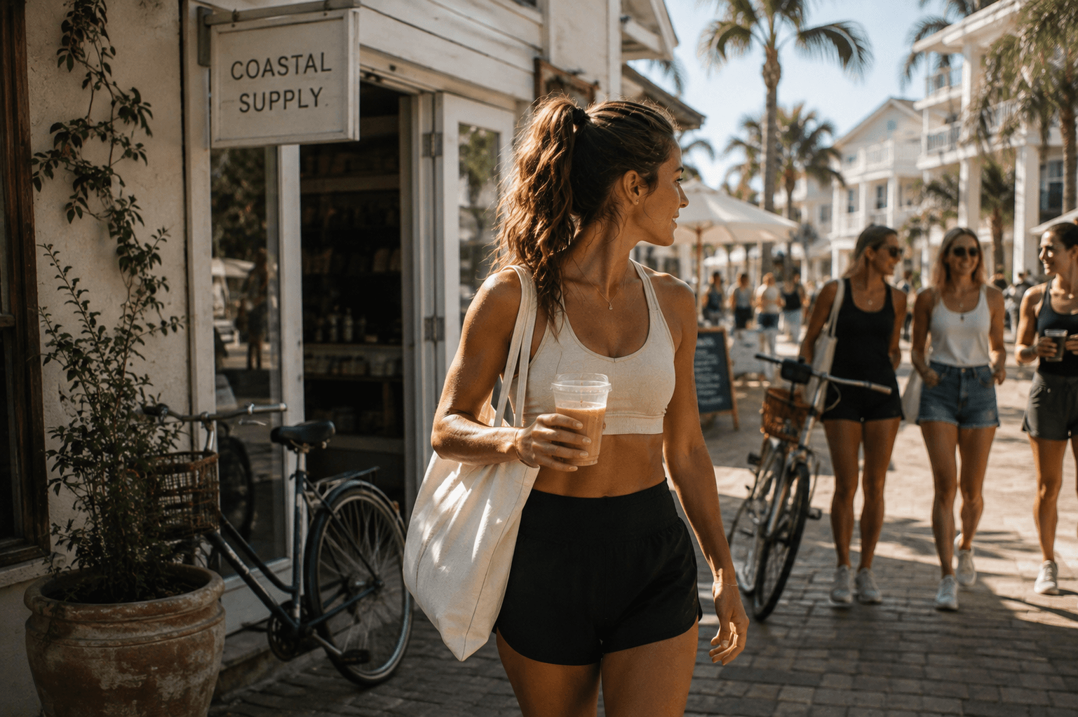 An active woman walking through a bright coastal town with an iced coffee after an alcohol-free morning.