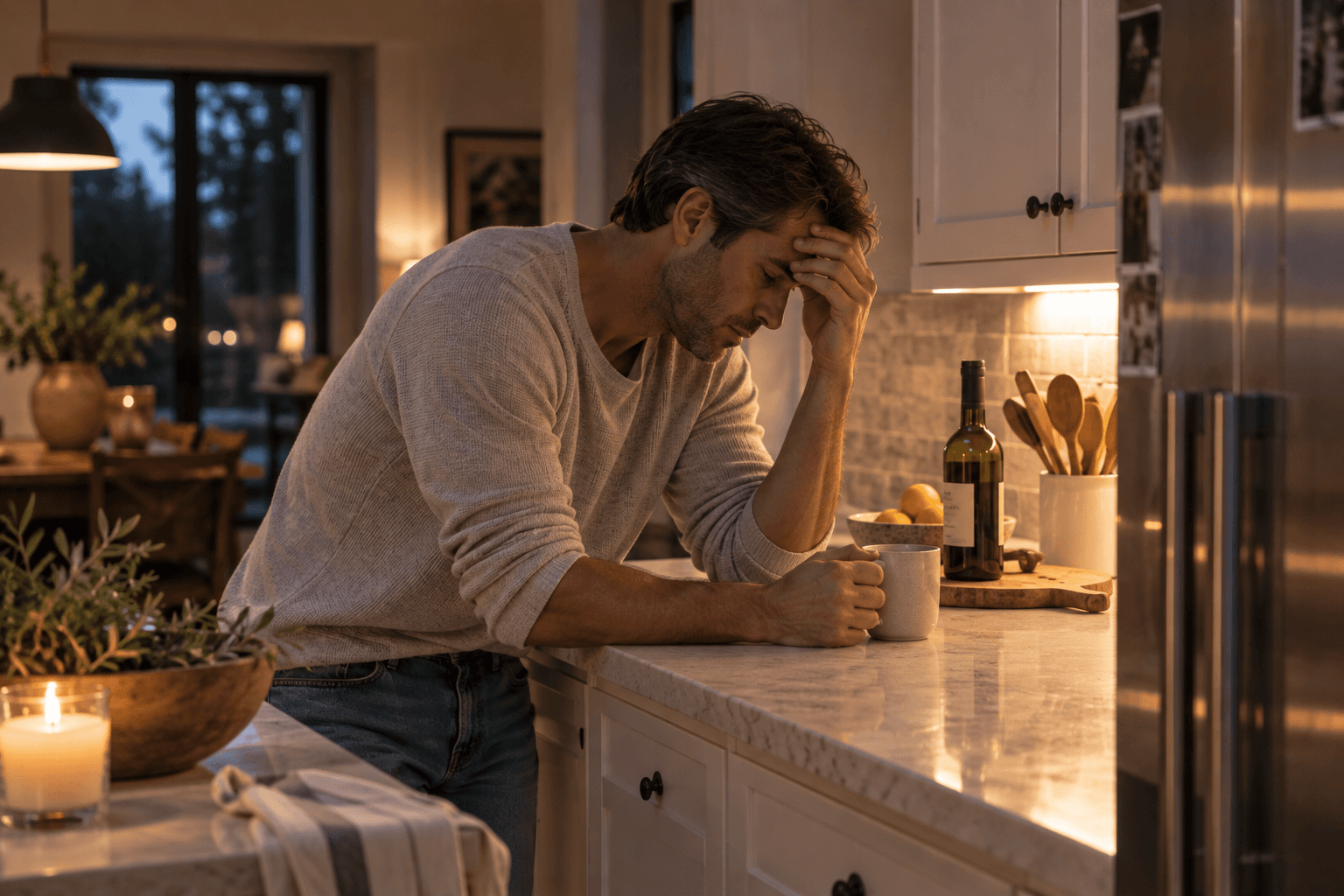 A tired man standing in a familiar kitchen at dusk after a difficult day with a wine bottle visible nearby.