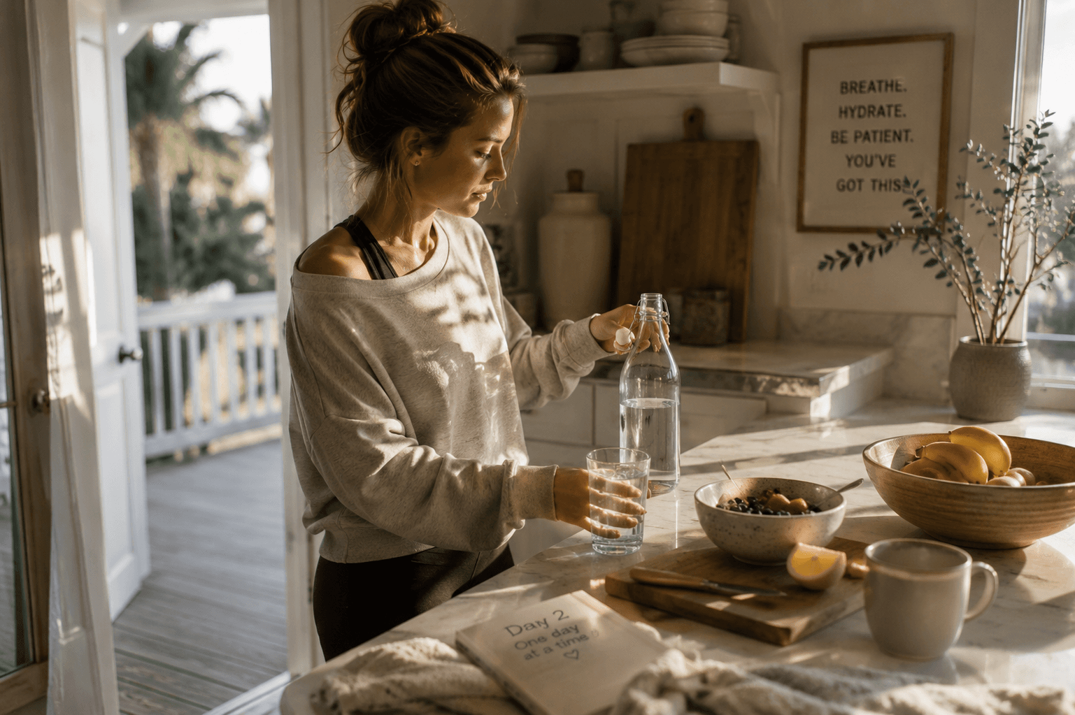 A woman drinking water in a bright coastal kitchen during the first days of taking a break from alcohol.