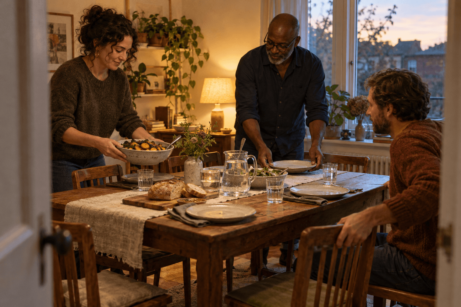 Three adults setting a dinner table with a water pitcher, bread and vegetables.