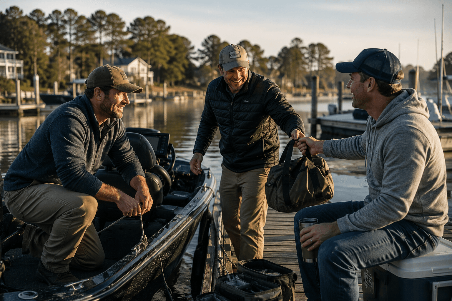 Three longtime friends laughing together while preparing a fishing boat at a quiet marina on a Saturday morning.