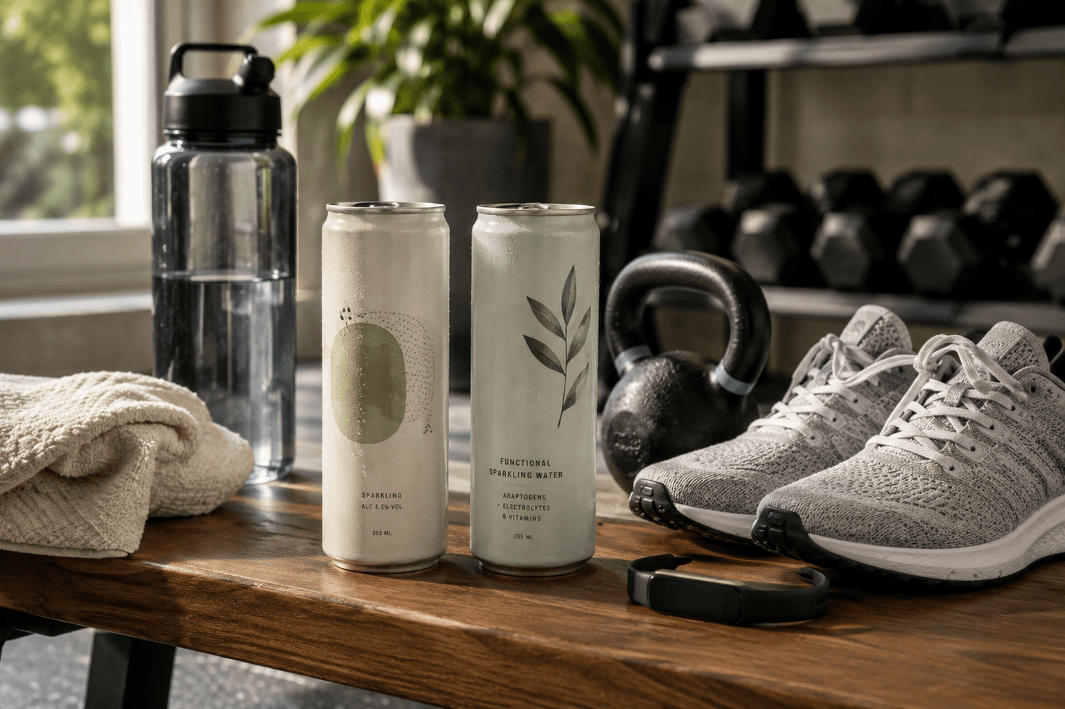 Two minimalist wellness-style canned drinks sitting beside running shoes, a fitness tracker, a kettlebell, towel, and water bottle in a bright home gym.
