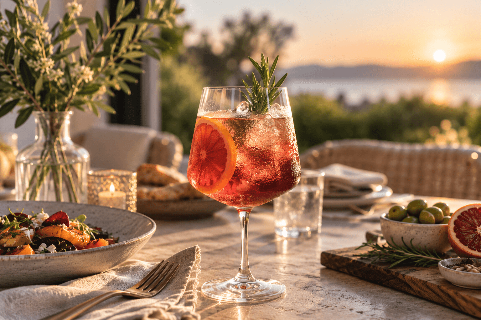 A sophisticated ruby botanical alcohol-free drink with citrus and rosemary served at an elegant golden-hour dinner table.