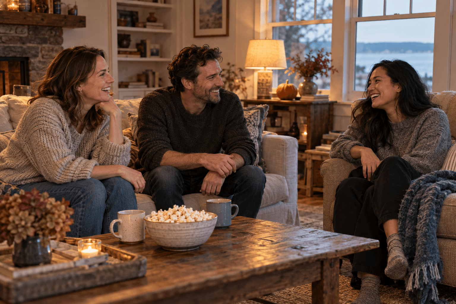 Three adults in sweaters laugh in a cottage living room, with popcorn and mugs on the coffee table.