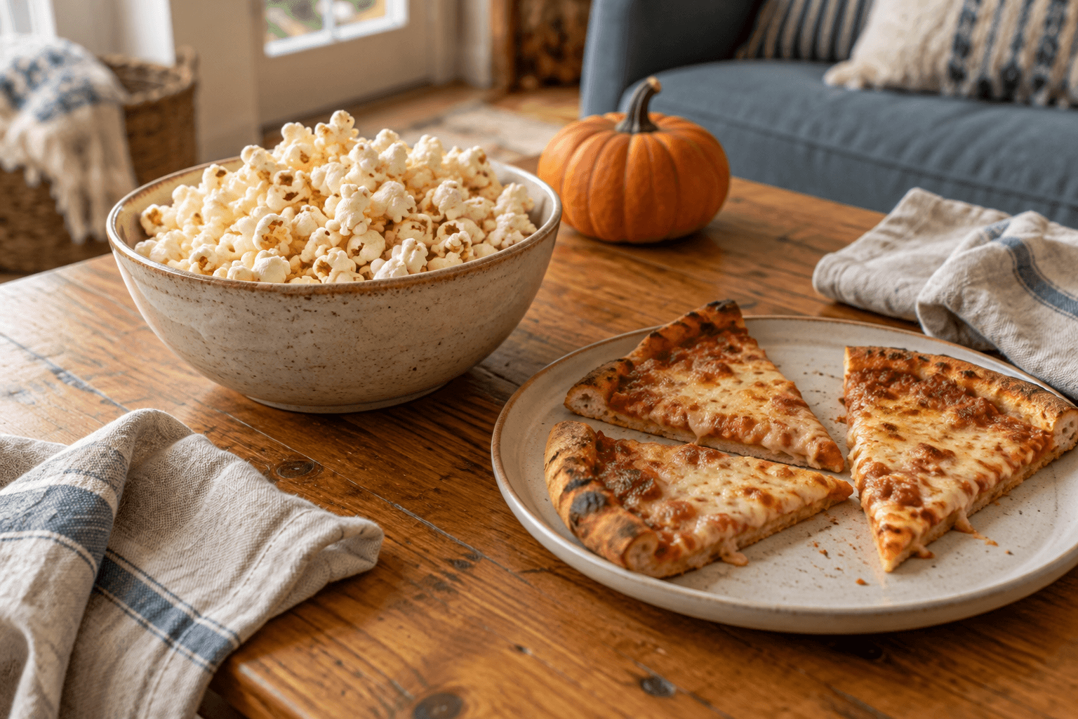 A bowl of popcorn and three pizza slices on a wooden table with linen napkins and a small pumpkin.