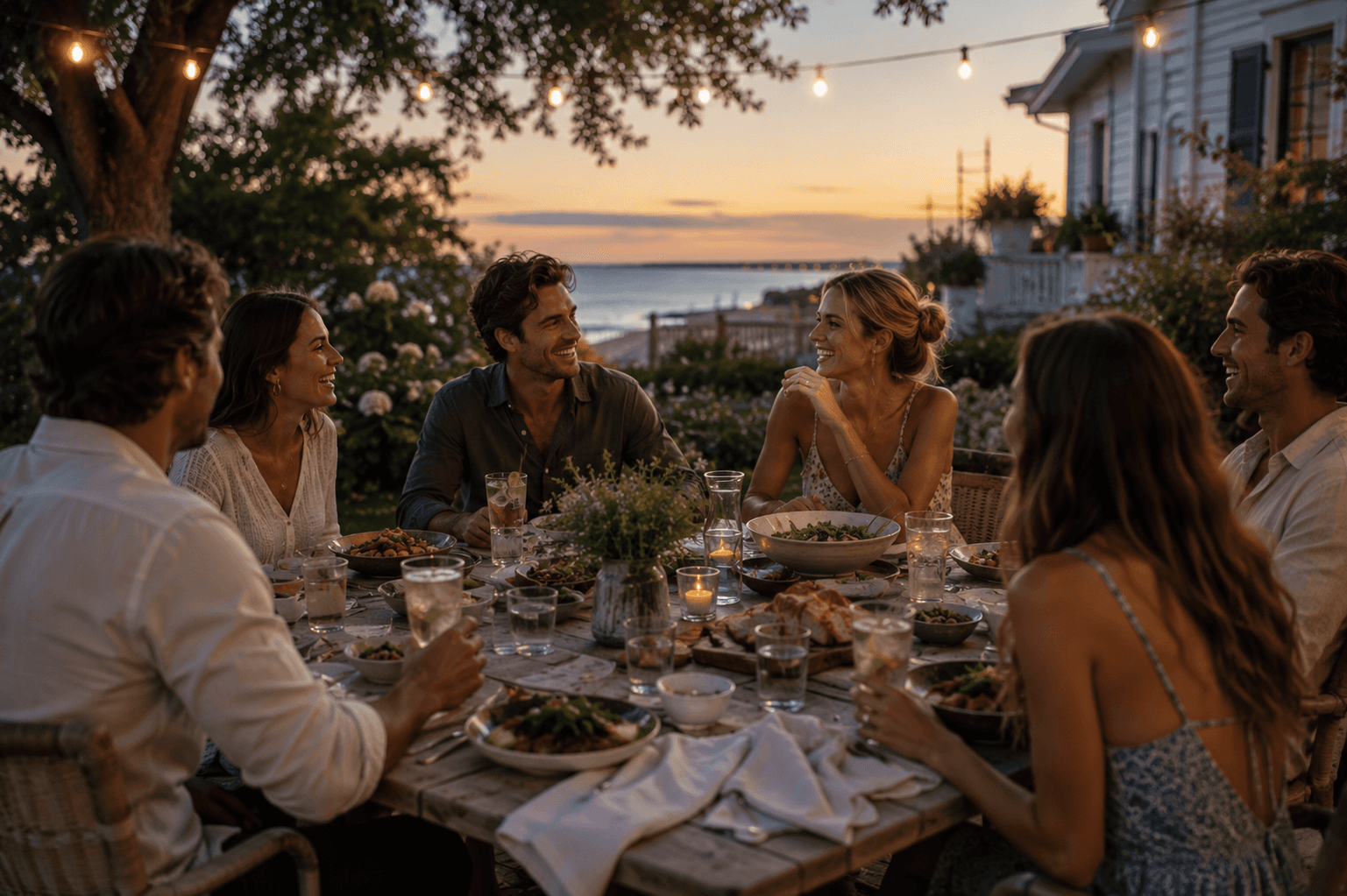 Friends sharing food and conversation at an outdoor coastal dinner, with the evening focused on connection rather than alcohol.