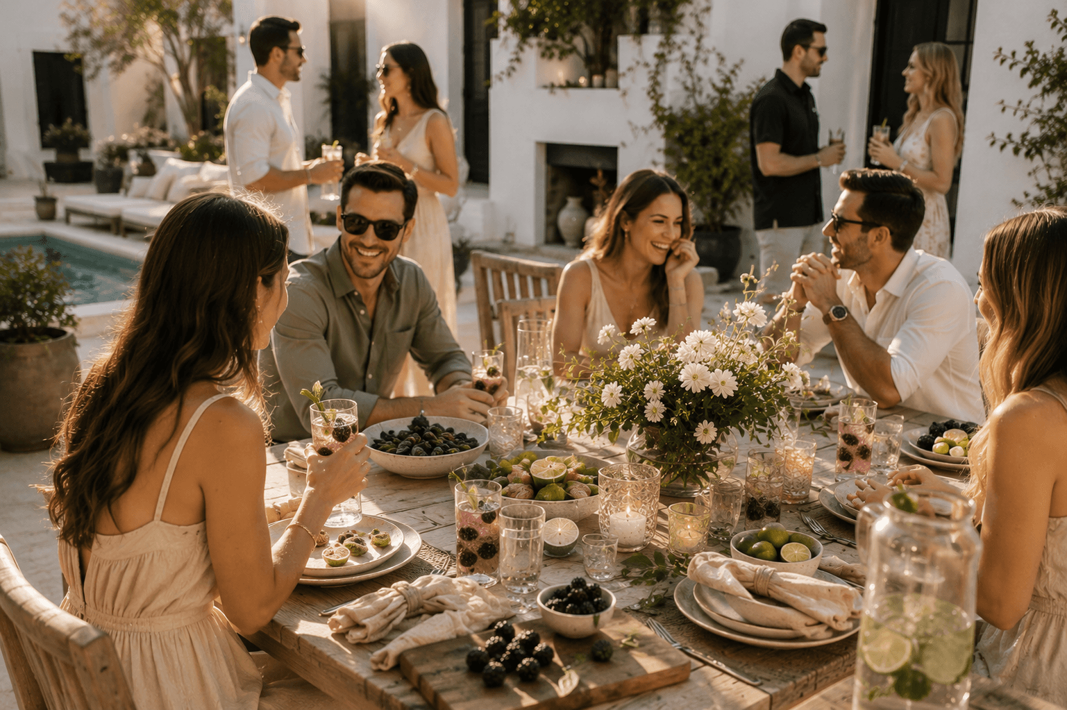Friends enjoying an outdoor summer dinner beside the pool at a white coastal home with colorful alcohol-free drinks on the table.