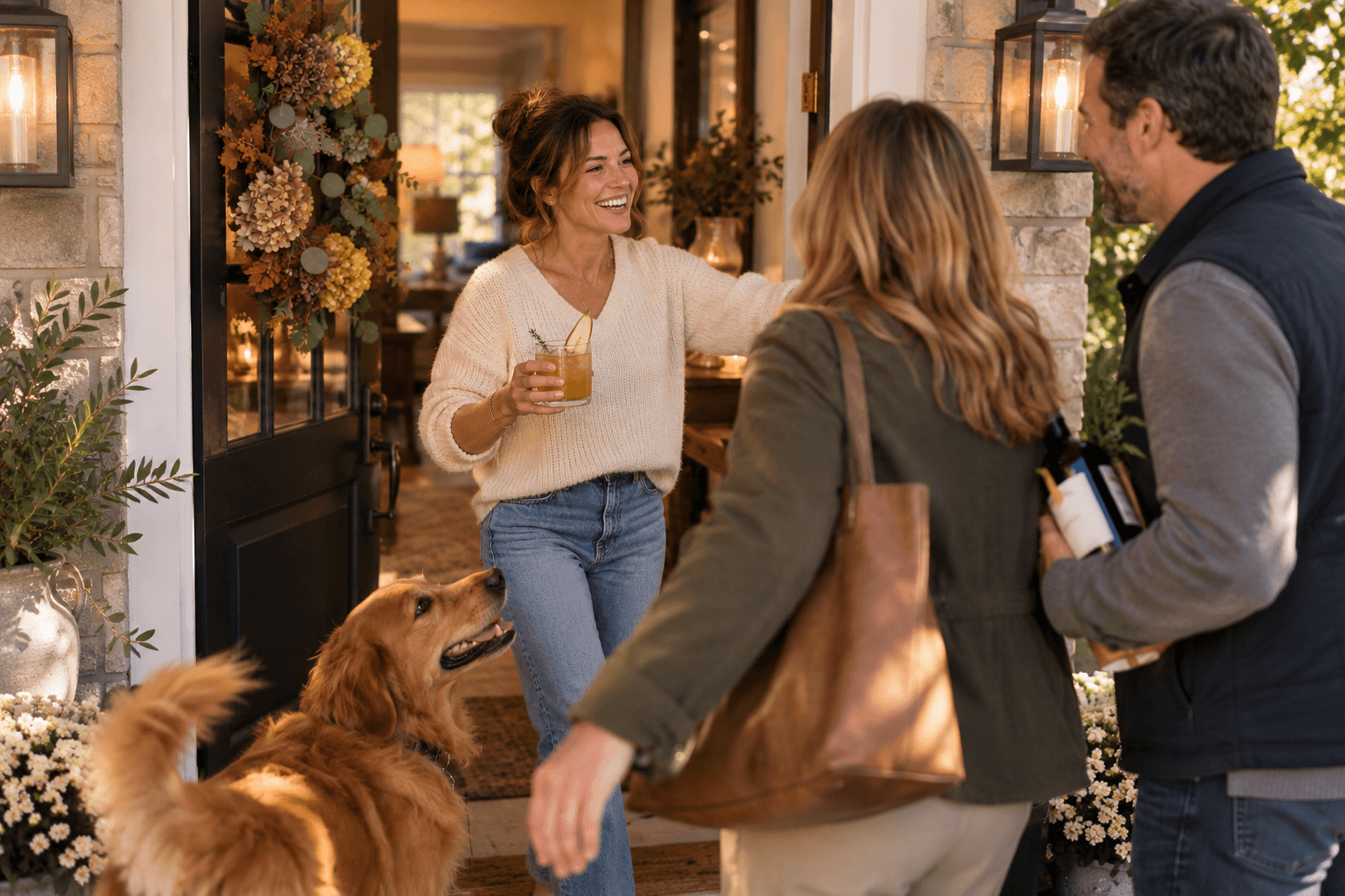 A woman welcoming friends to her home for an early-fall dinner while holding an alcohol-free drink and greeting them with a Golden Retriever nearby.