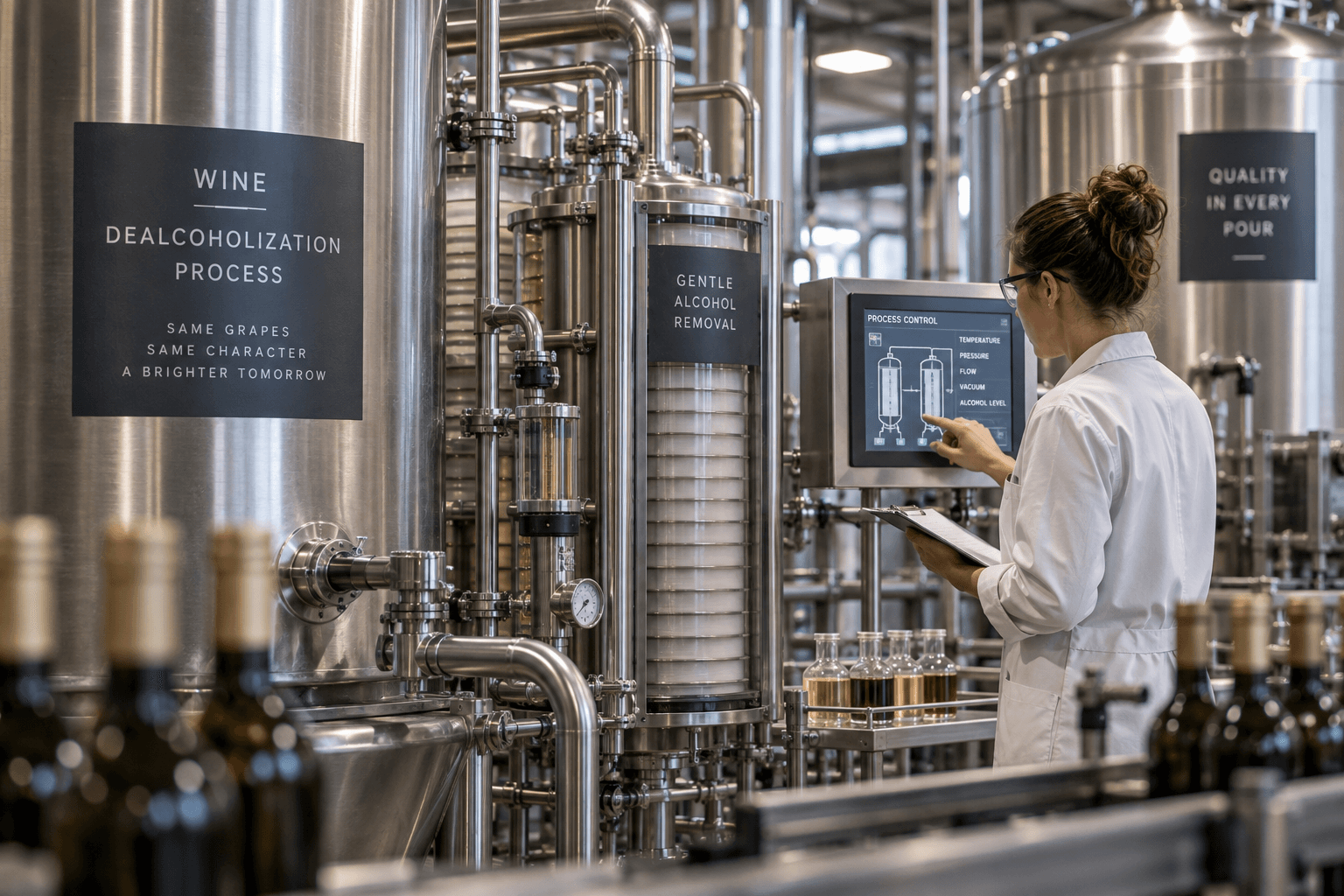 A technician monitoring stainless-steel equipment used in a modern wine dealcoholization process.