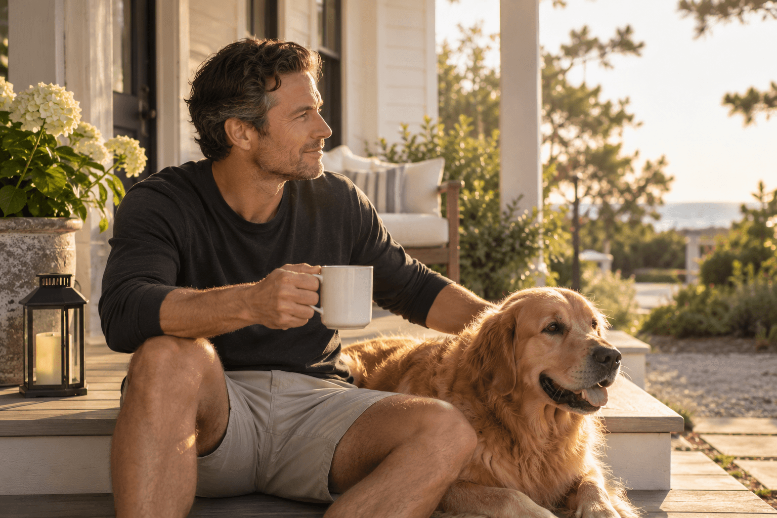 A man enjoying a quiet September morning with coffee and his Golden Retriever on a peaceful porch.