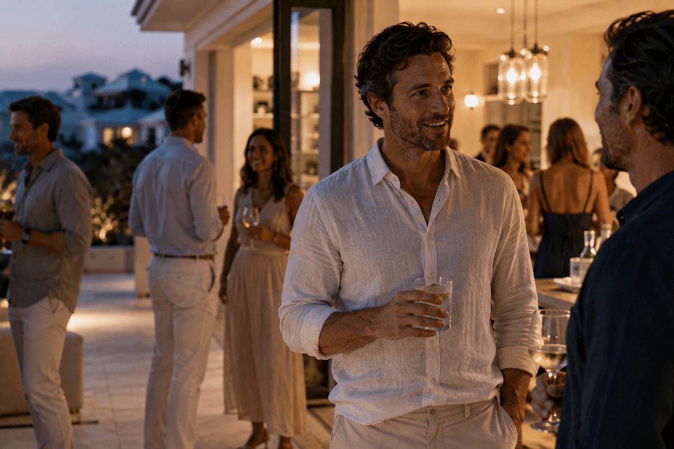 A confident man holding sparkling water while talking with friends at an elegant evening gathering where other guests are drinking.