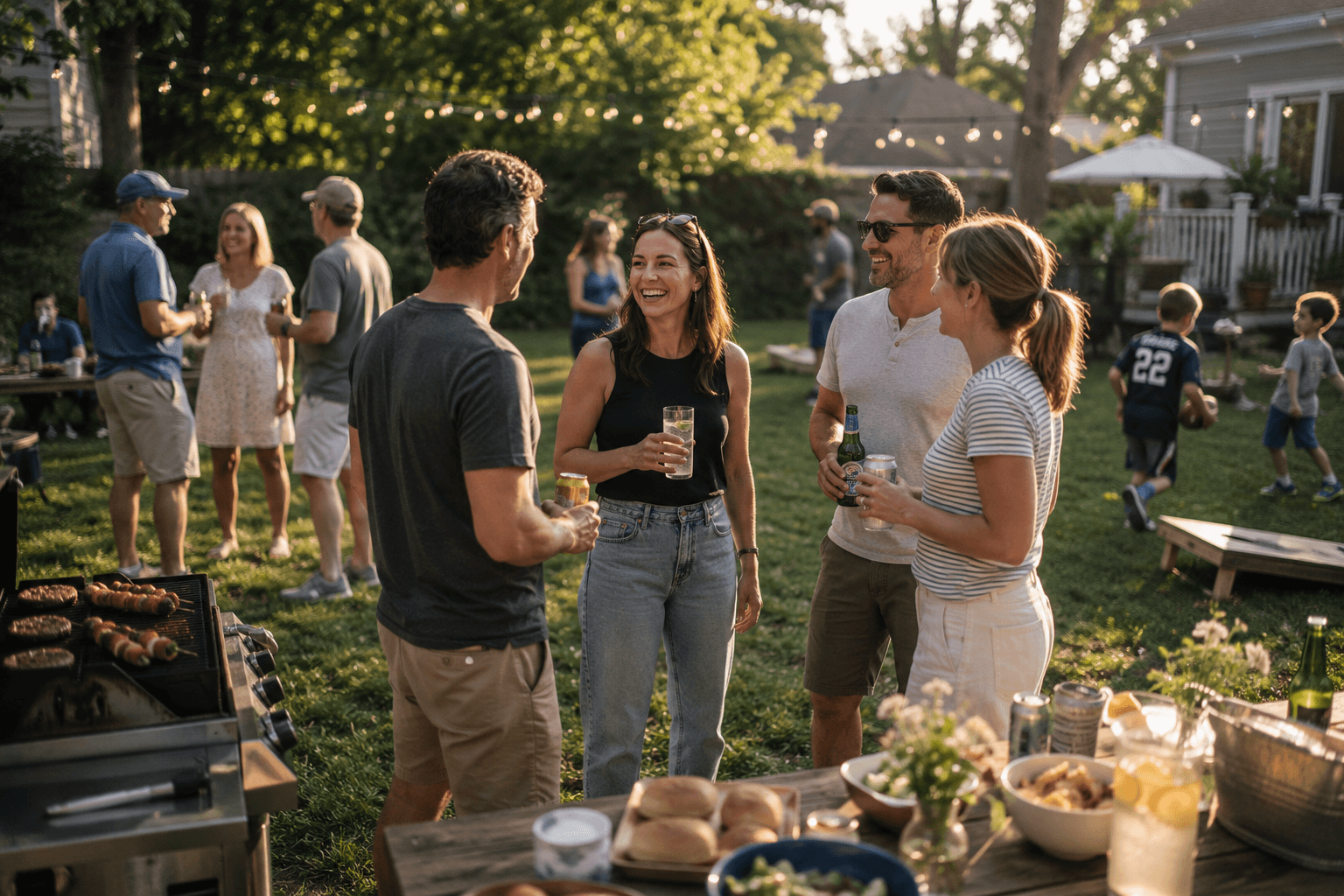 Friends and families talking at a relaxed Labor Day backyard cookout with food on the grill and a mix of drink choices.