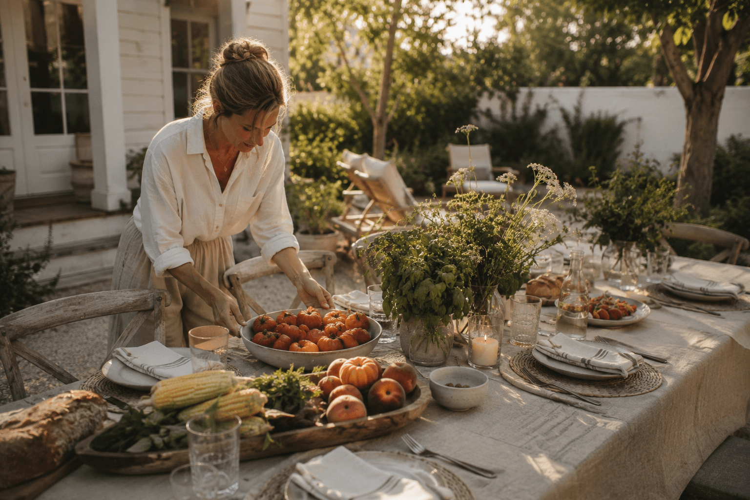 A relaxed late-summer outdoor dinner table being set with seasonal food, peaches, tomatoes, fresh herbs, linen, and simple place settings.