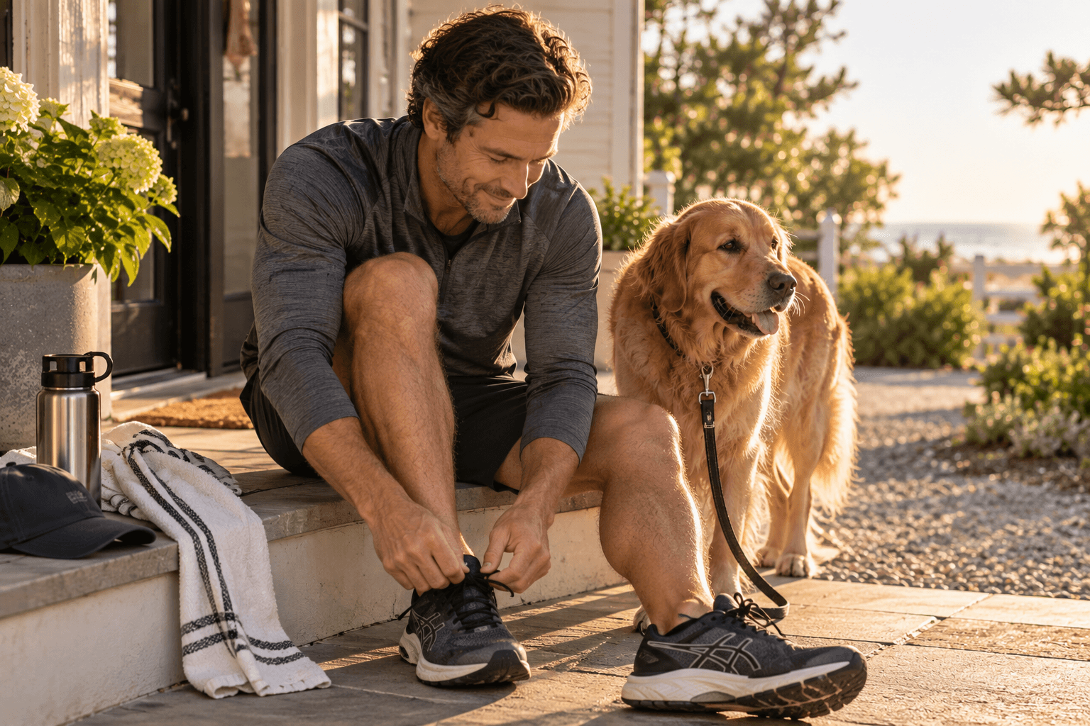 A man tying his running shoes on a sunny porch while his Golden Retriever waits beside him for a morning walk.