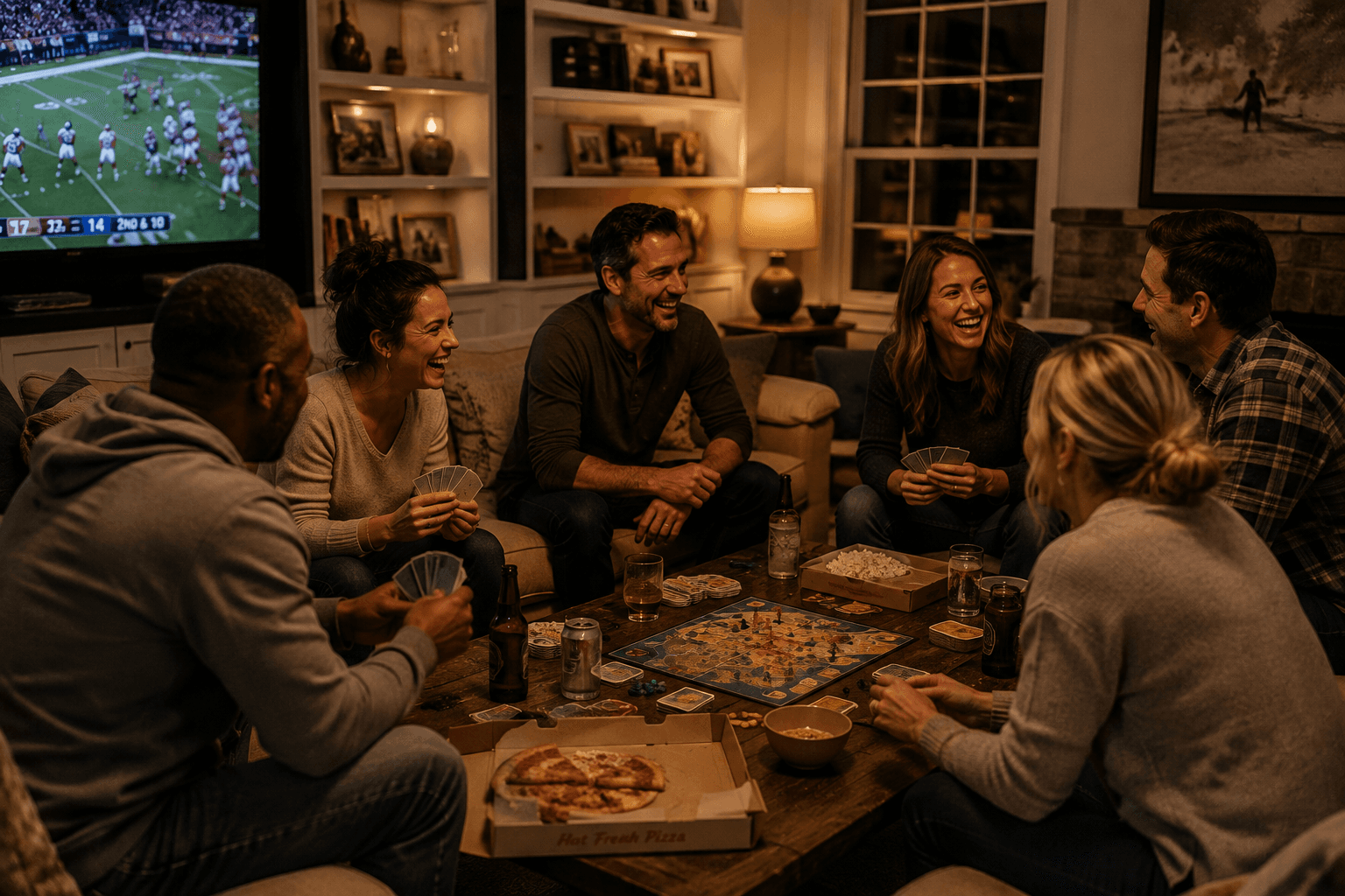 A mixed group of longtime friends laughing around a coffee table during a cozy game night with cards, pizza, snacks, and a football game on television.