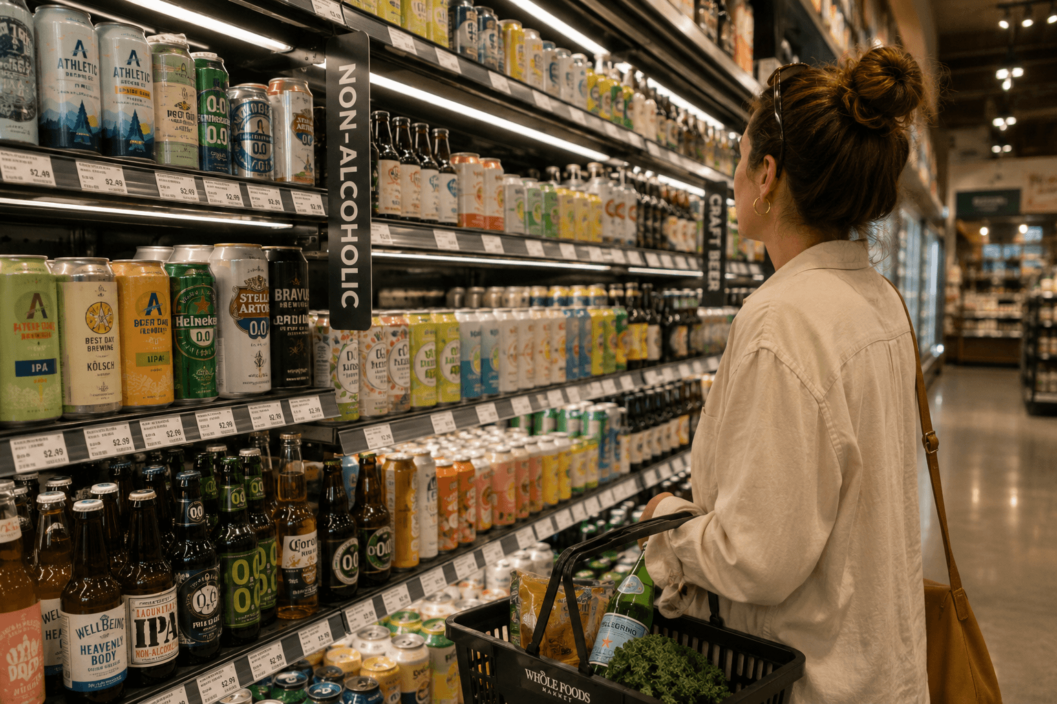 A shopper browsing a refrigerated grocery aisle with a wide selection of nonalcoholic beers and other alcohol-free beverages.