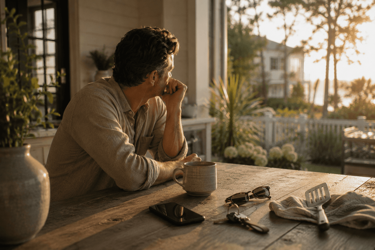 A man sitting quietly at an outdoor table during golden hour with his phone, keys, and sunglasses nearby.