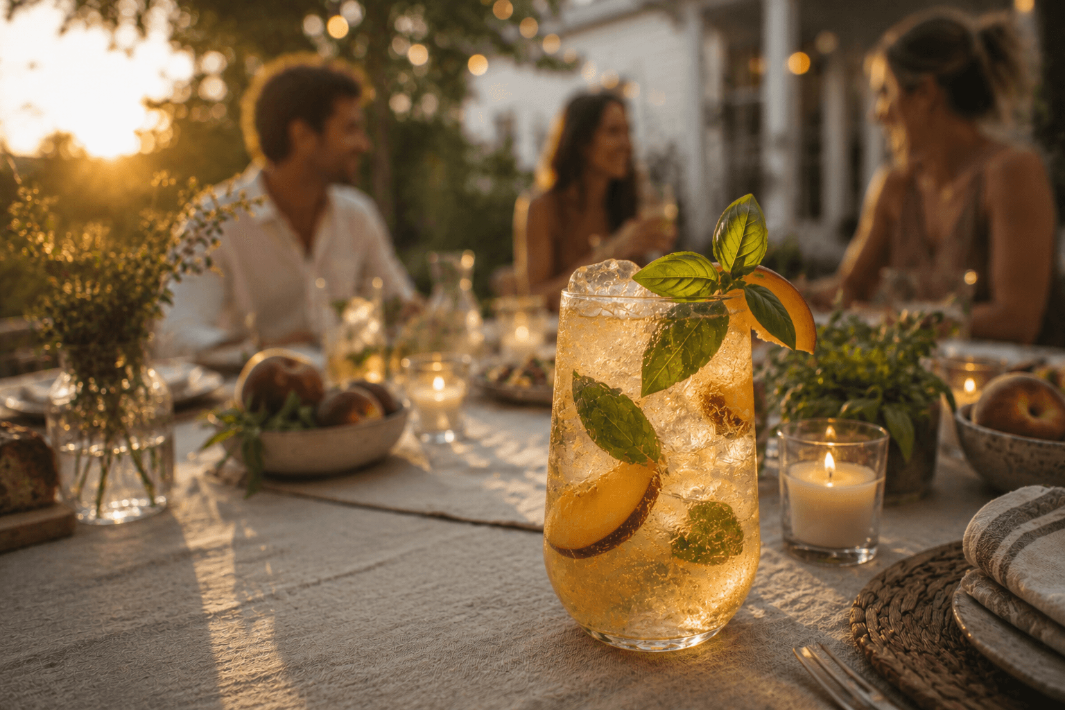 The Last Light peach basil zero-proof spritz with fresh peach, basil, lemon, ice, peach tea, and sparkling water.