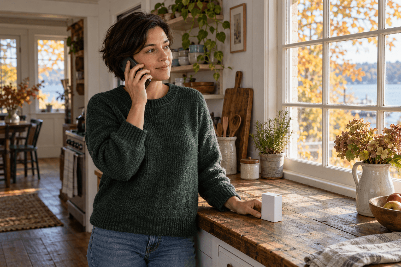 Adult in a green sweater holding a phone to one ear beside a kitchen window, with a plain white carton on the counter.