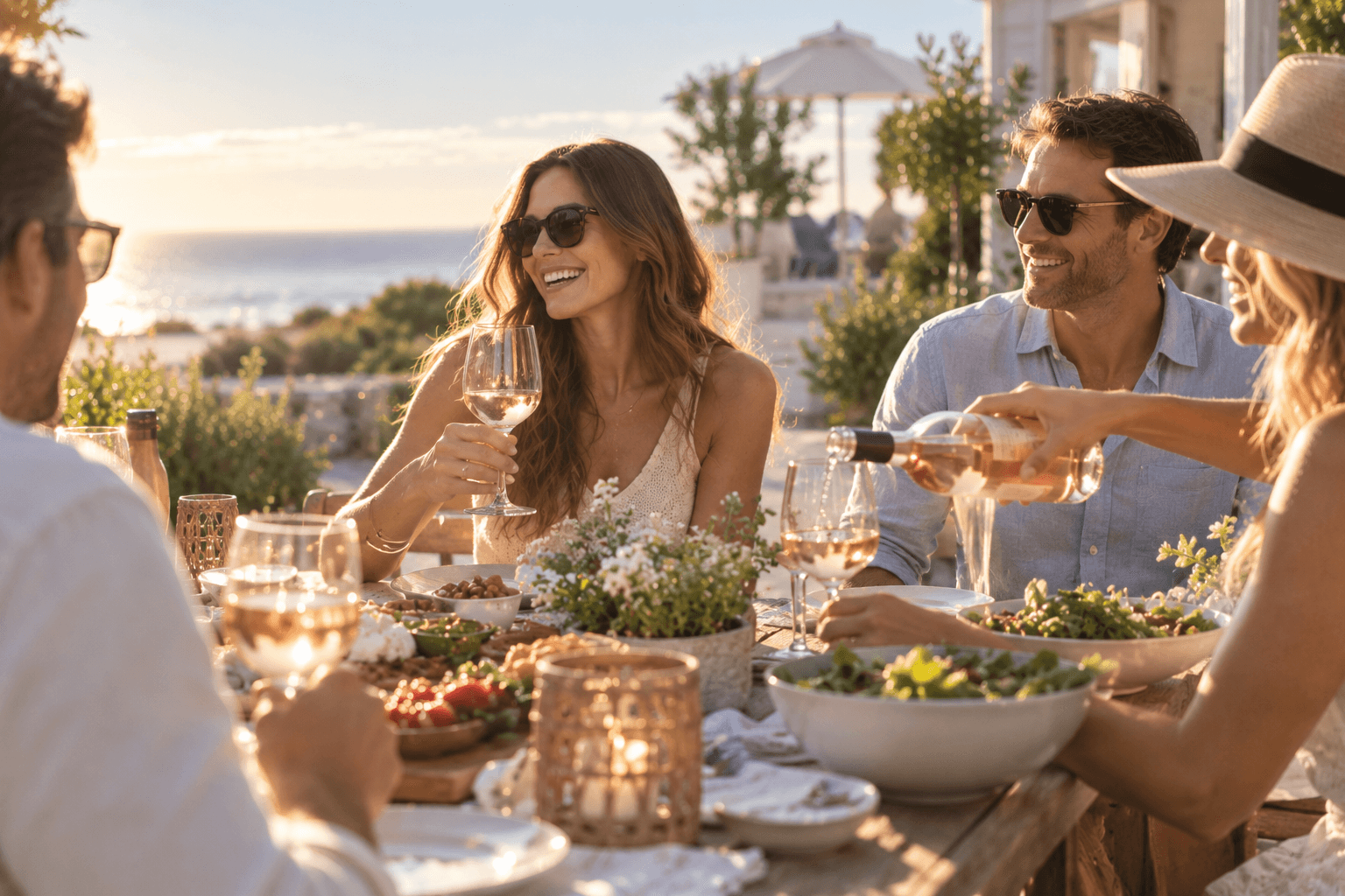 Friends enjoying a happy outdoor gathering at golden hour while wine is poured at the table.