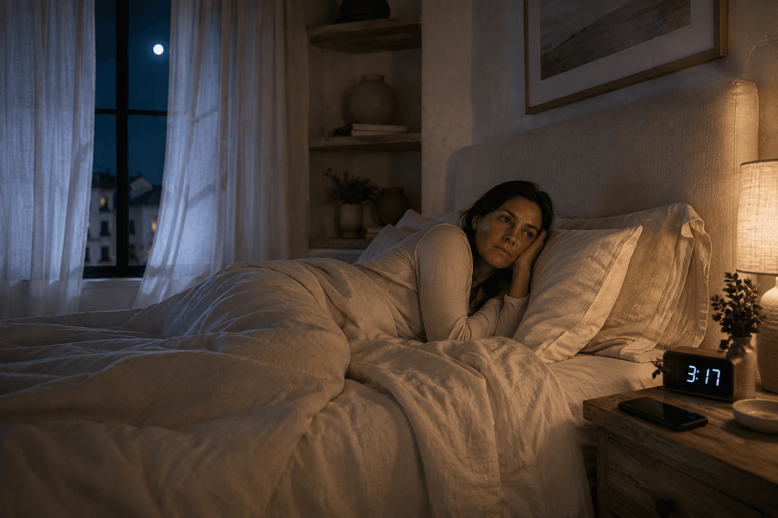 A woman lying awake in a peaceful bedroom at 3:17 a.m. while adjusting to sleep after quitting alcohol.