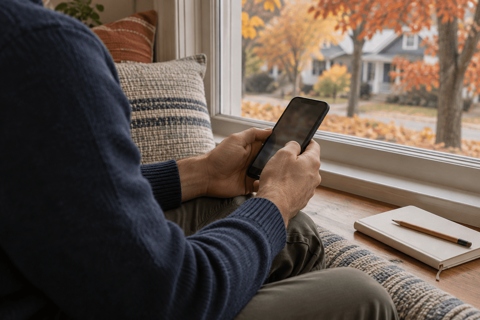 An adult holding a phone beside a closed notebook near a window overlooking autumn leaves.