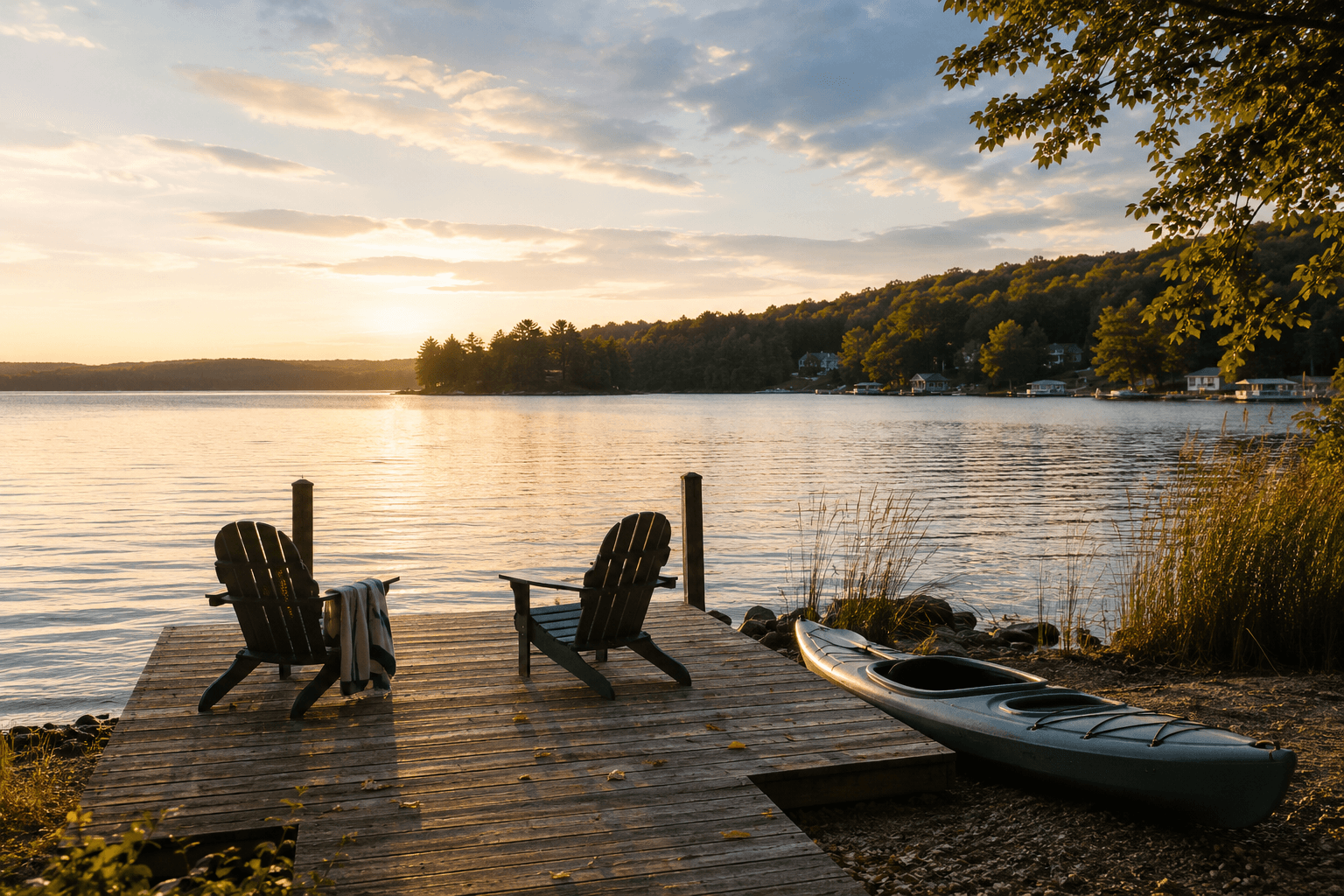 A quiet early-September lake at golden hour with two Adirondack chairs on a weathered dock and a kayak pulled onto shore.