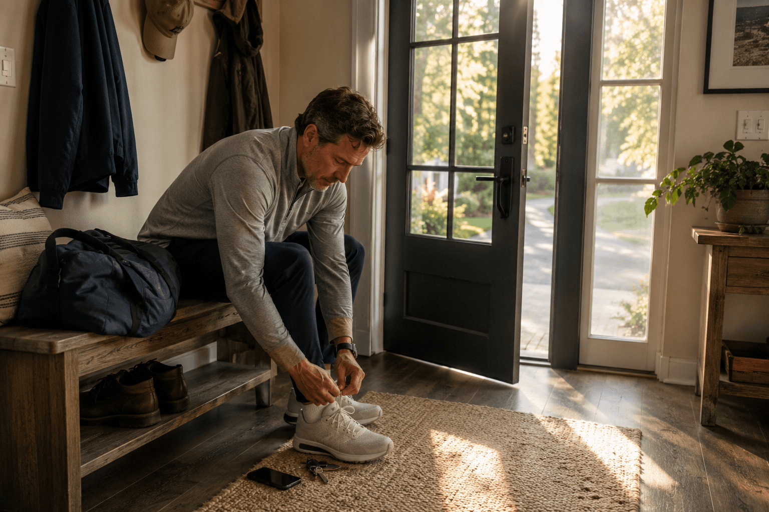 A middle-aged man tying his shoes near the front door in soft September morning light as he gets ready to leave the house.
