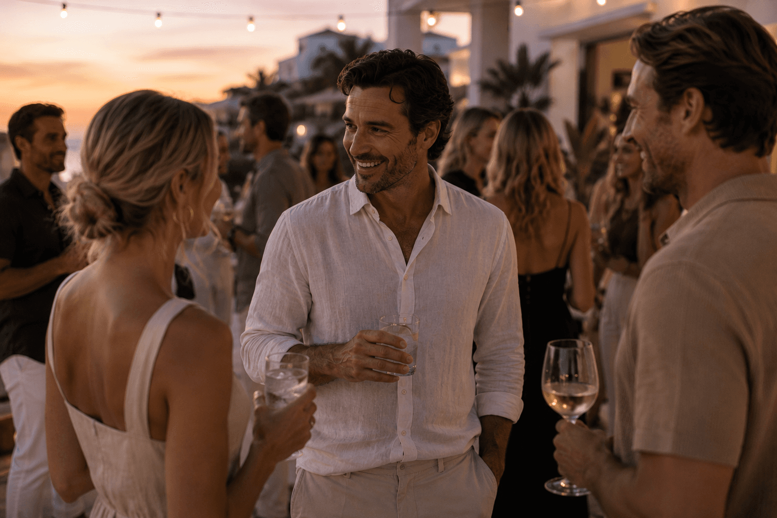 A sober man comfortably socializing with friends at an outdoor evening gathering while holding sparkling water.