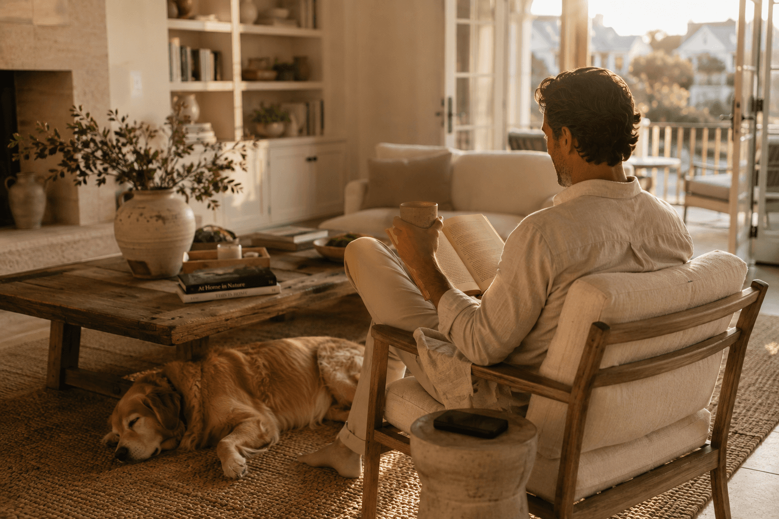 A sober man relaxing with coffee and a book in a peaceful coastal living room while a Golden Retriever sleeps nearby.