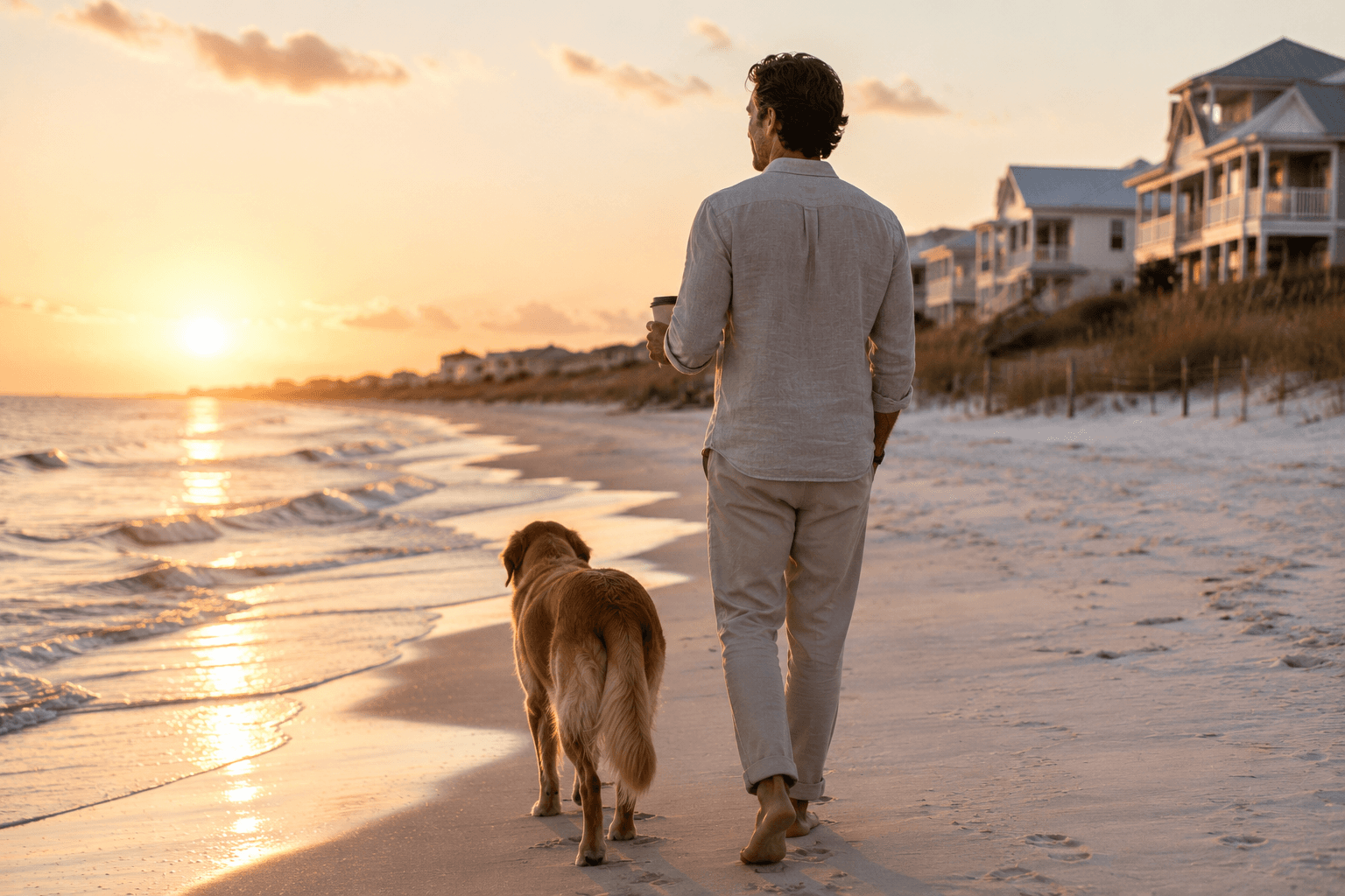 A sober man walking barefoot with a Golden Retriever and coffee on a quiet beach at sunrise.