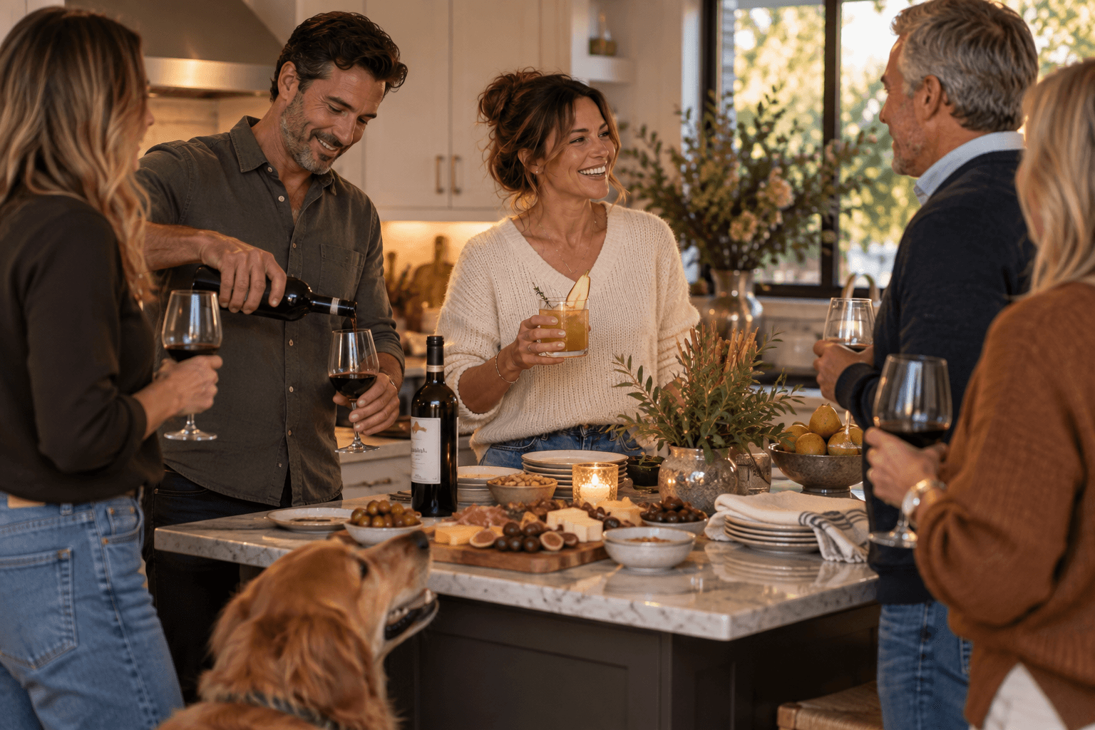 Friends gathered around a warm kitchen island while wine is poured and the host enjoys an amber alcohol-free drink.