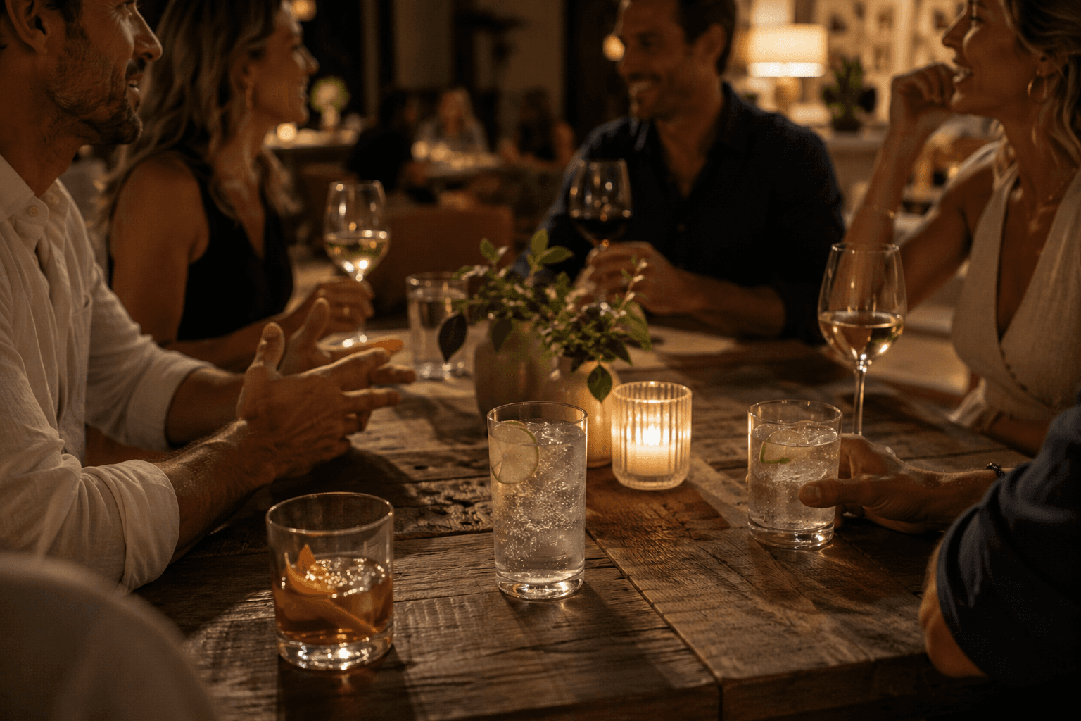Friends gathered around a candlelit table with wine, cocktails, and sparkling water during an evening out.
