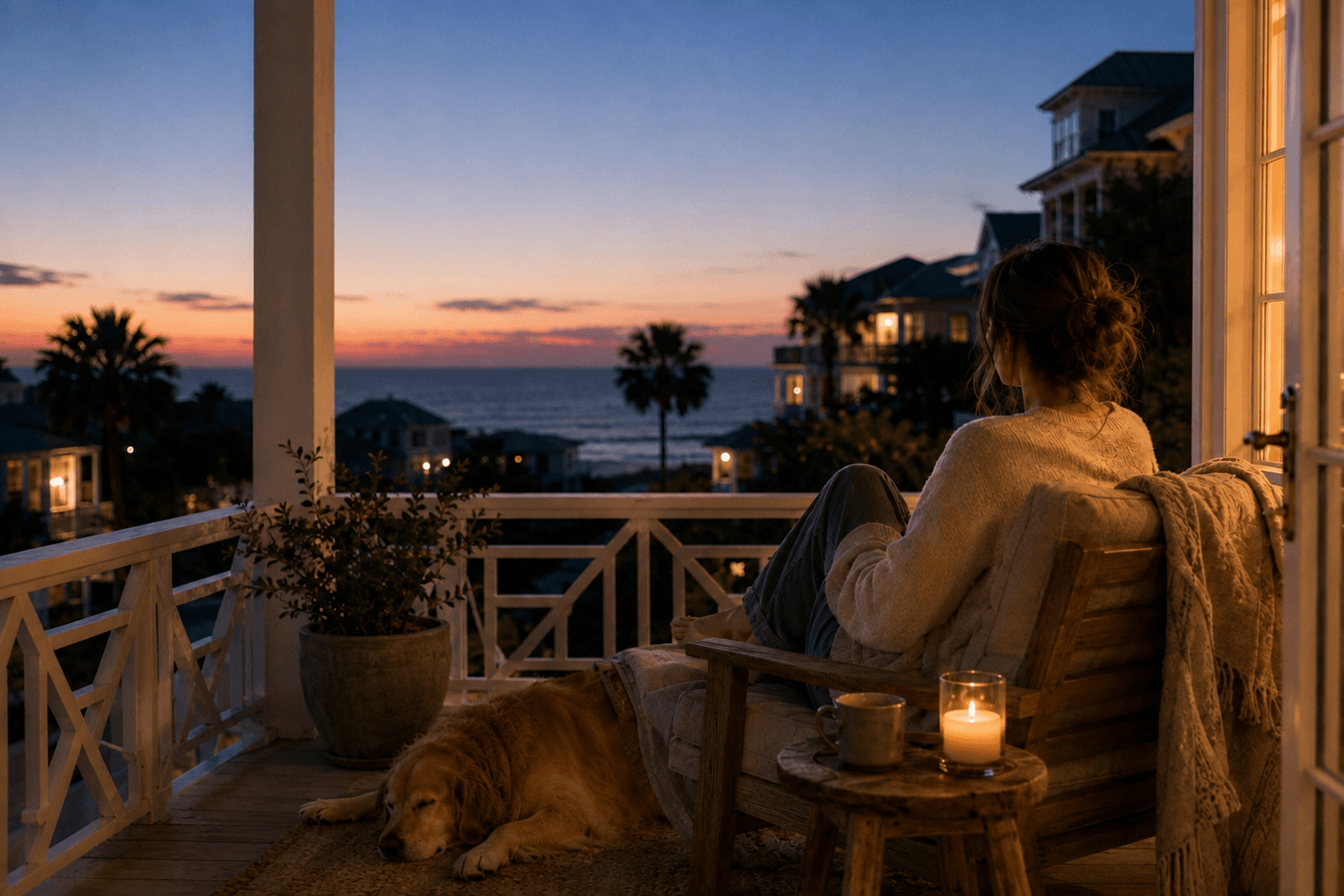 A woman sitting quietly on a coastal porch at dusk with a Golden Retriever nearby after a long day.
