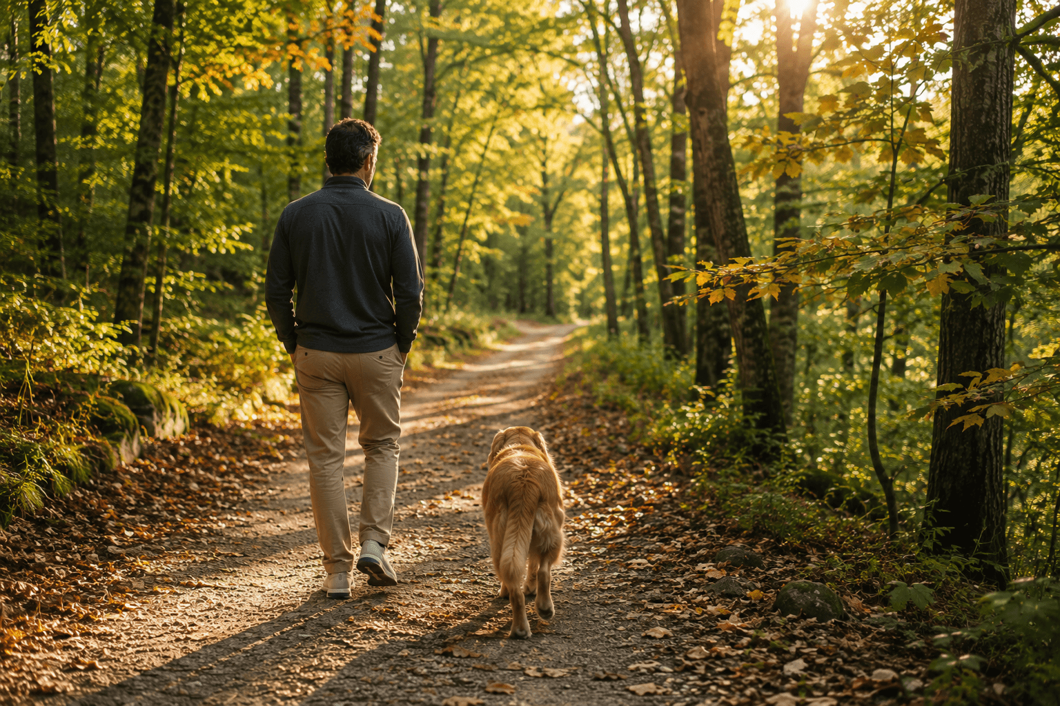 A man walking with a Golden Retriever along a quiet woodland trail in early September as the first leaves begin to change.
