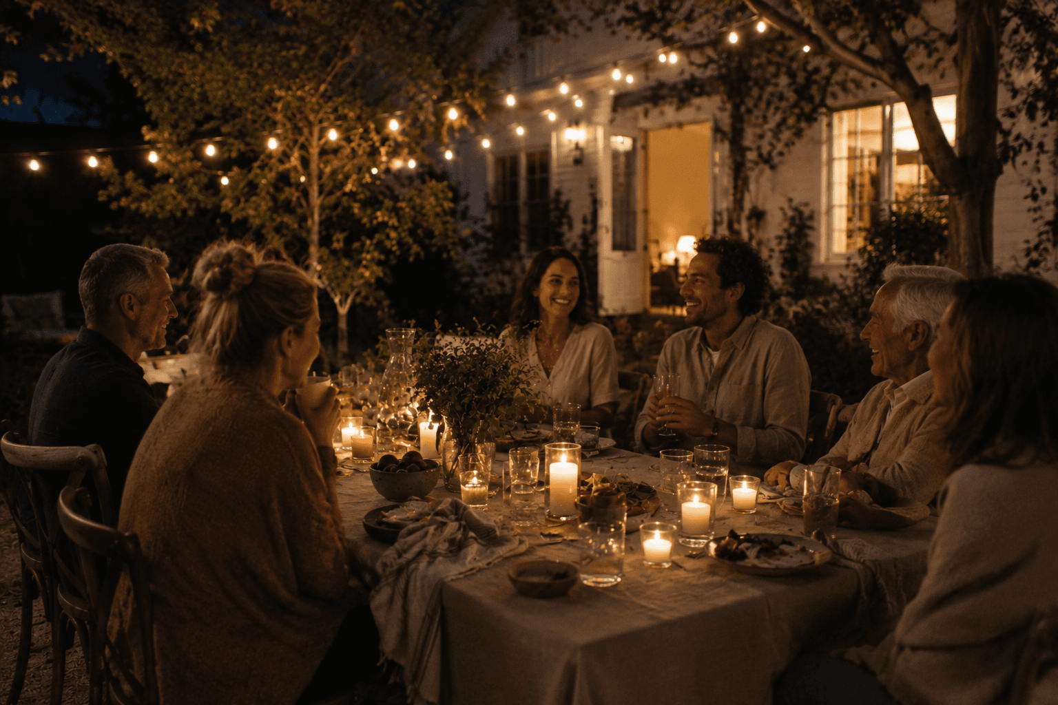 Friends lingering around an outdoor dinner table after dark with candles glowing at a coastal home on a warm summer night.