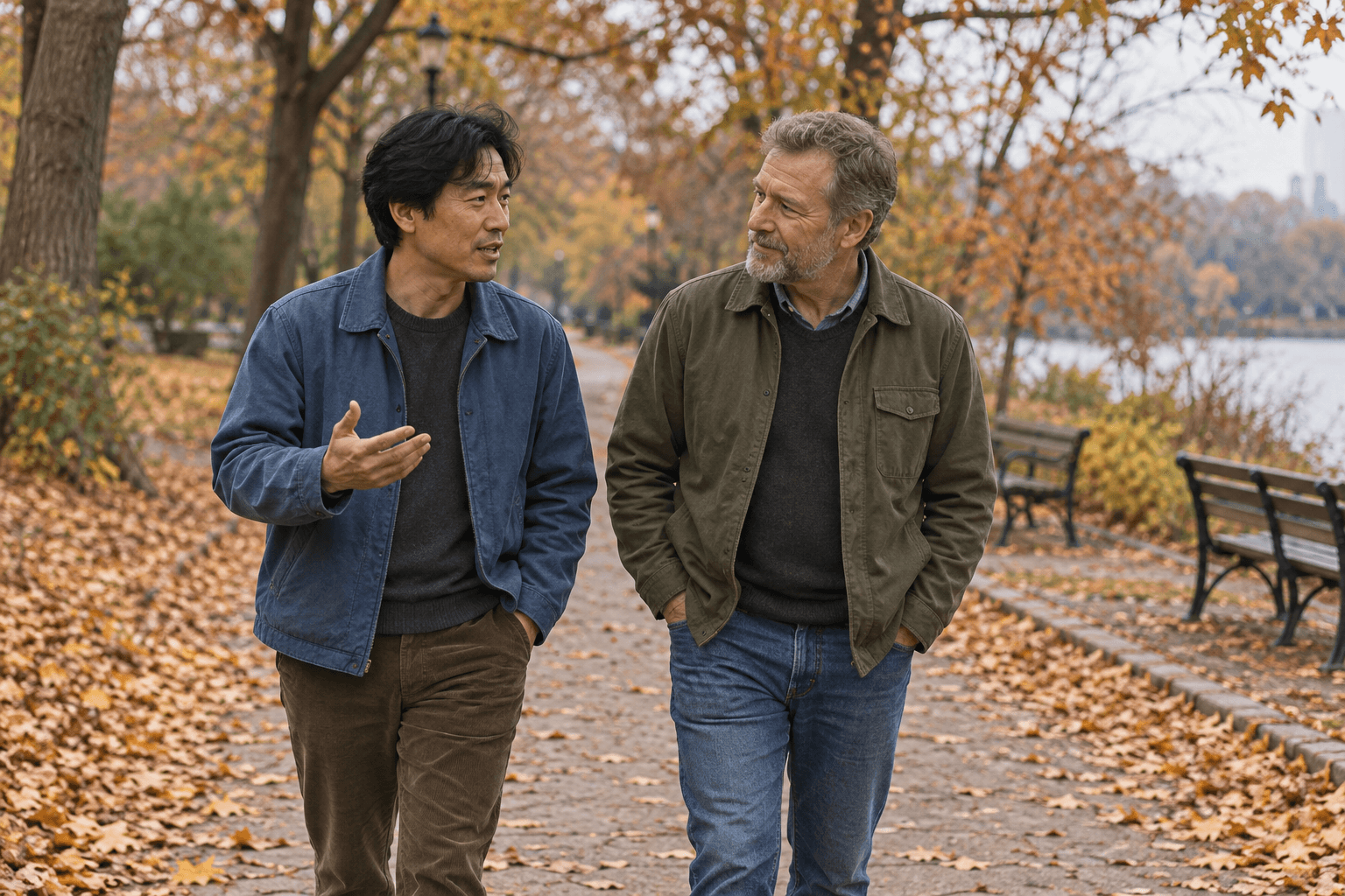 Two adults talking while walking along a leaf-strewn park path.