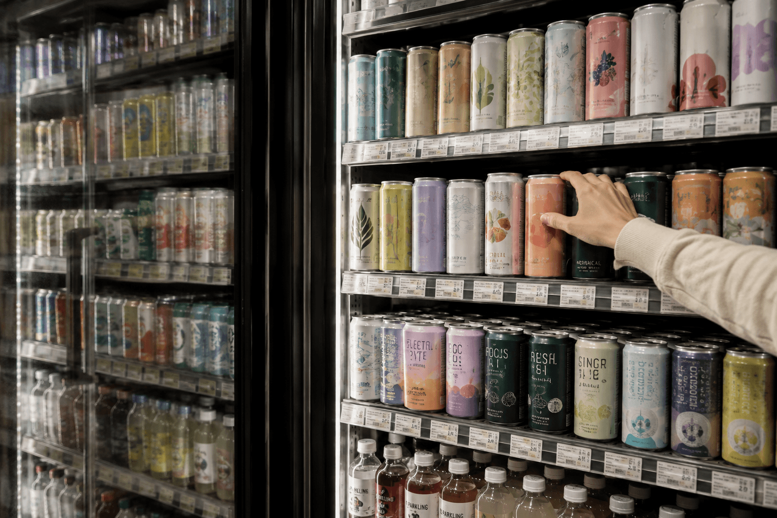A shopper reaching toward rows of colorful wellness-style canned beverages inside a refrigerated grocery store display.