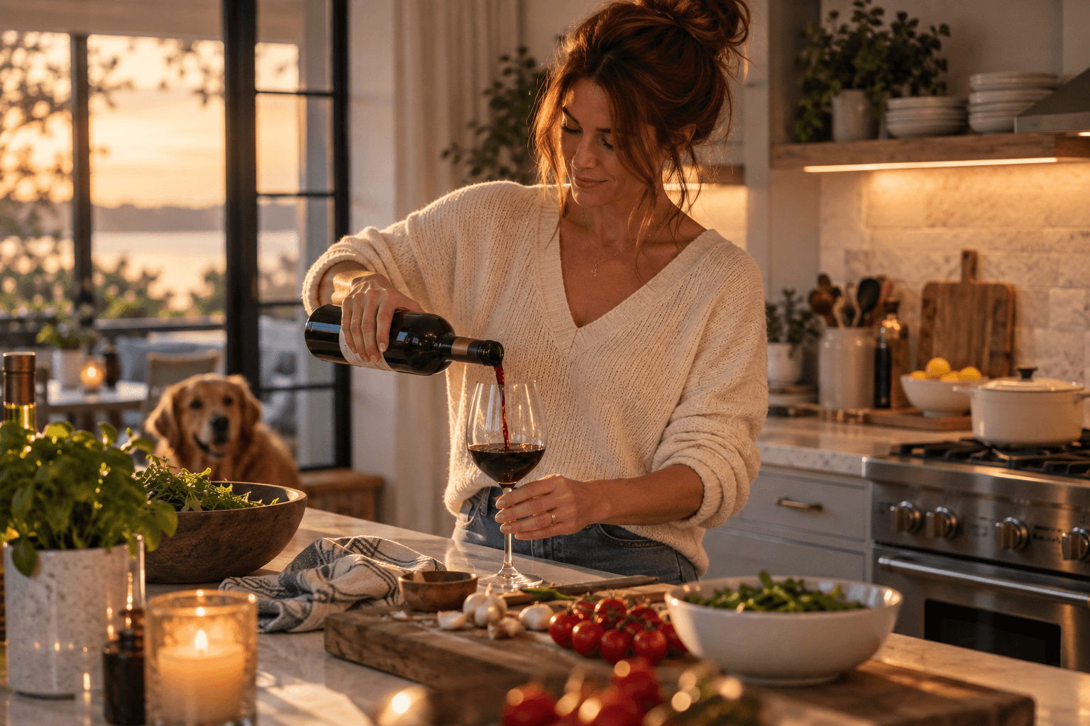 A woman pouring a modest glass of red wine while preparing dinner in a warm kitchen at sunset.