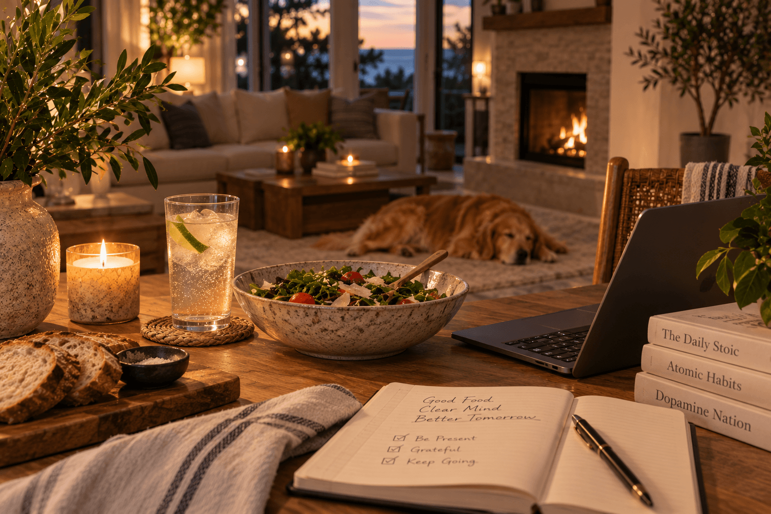 A peaceful lived-in home in the evening with dinner, a sparkling drink, a laptop and a Golden Retriever sleeping nearby.