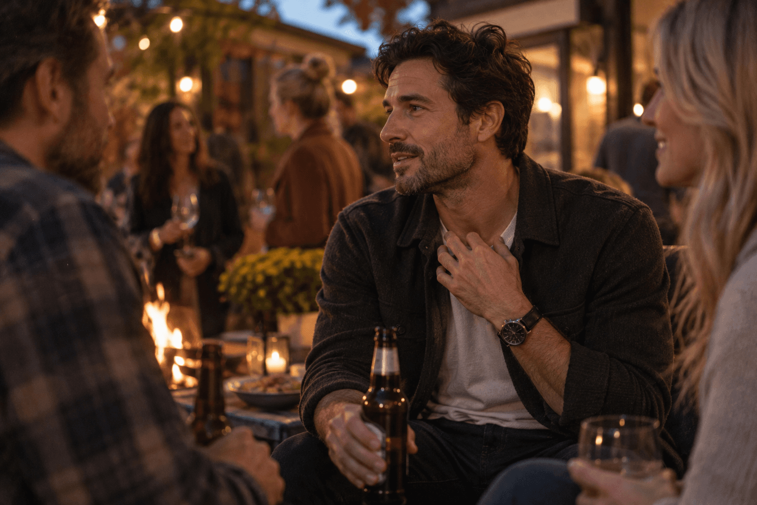 A man at an autumn social gathering naturally touching his upper chest while talking with friends as alcoholic drinks sit nearby.