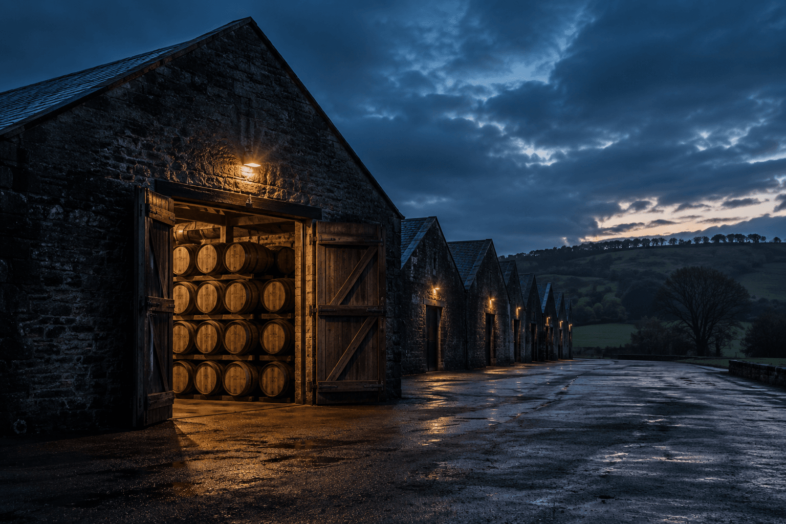A traditional distillery warehouse at blue hour with warm light revealing rows of whiskey barrels inside.